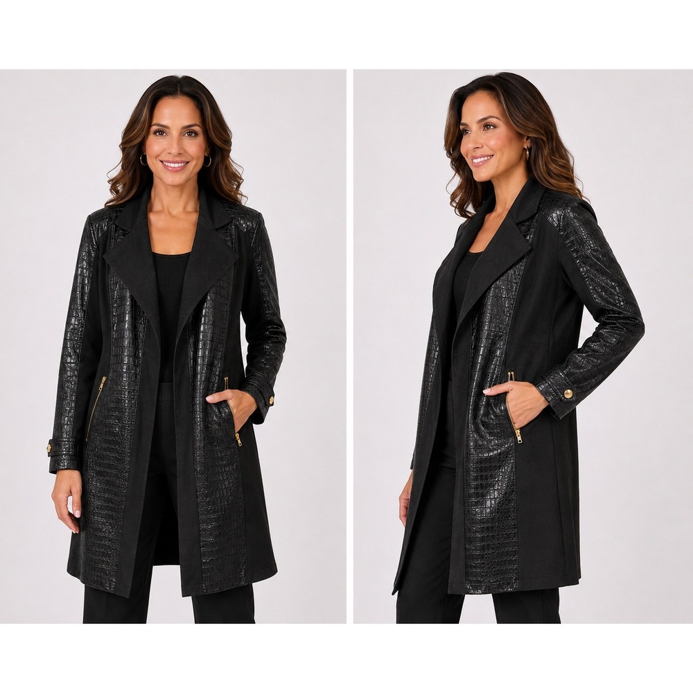 Marc New York Andrew Marc Black Faux Croc Embossed Open Front Jacket Coat Large